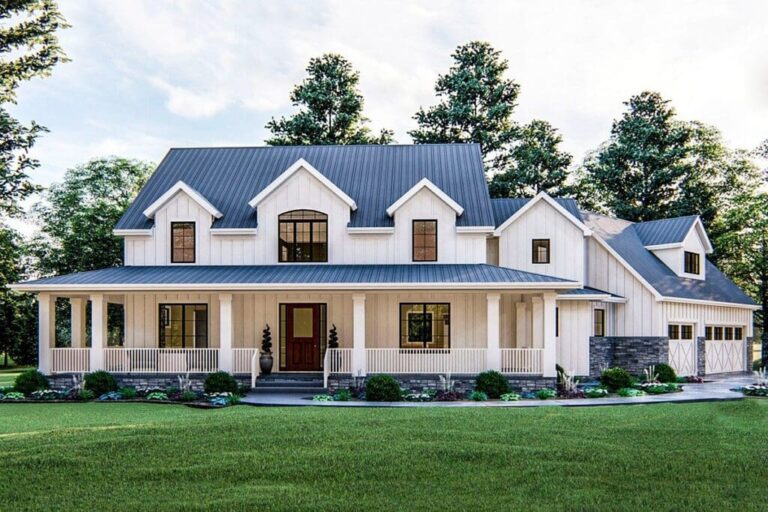 4-Bedroom 2-Story Modern Farmhouse with Angled 3-Car Garage (Floor Plan)