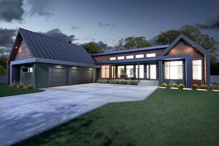 3-Bedroom One-Story Modern Farmhouse with 11′-Deep Rear Deck (Floor Plan)
