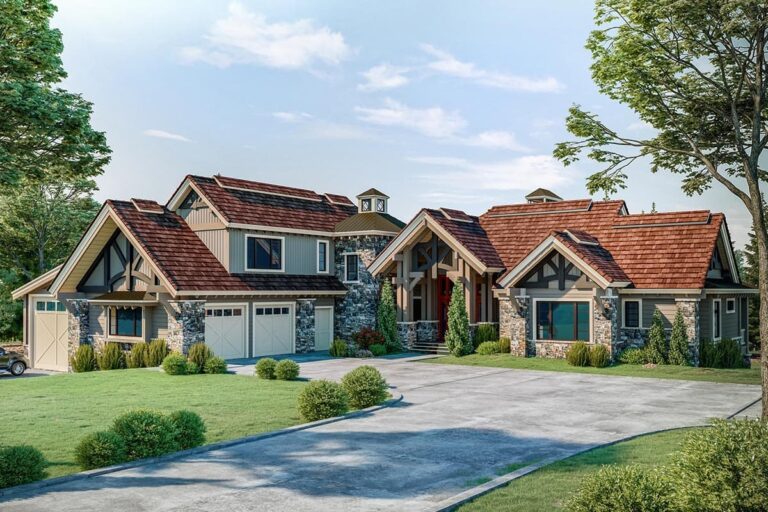 Elegant 6-Bedroom Transitional Farmhouse with 2-Story Layout, Courtyard Entry & RV Garage (Floor Plan)