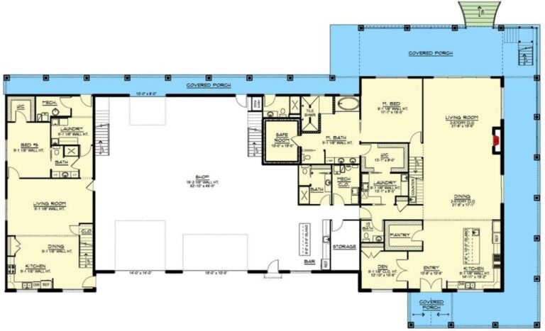 6-Bedroom 2-Story Barndominium with Extra-Large Rear Porch (Floor Plan)