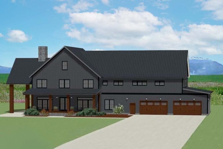 4-Bedroom 2-Story Barndominium-Style with Outdoor Fireplace, Kitchen, and Workshop (Floor Plan)