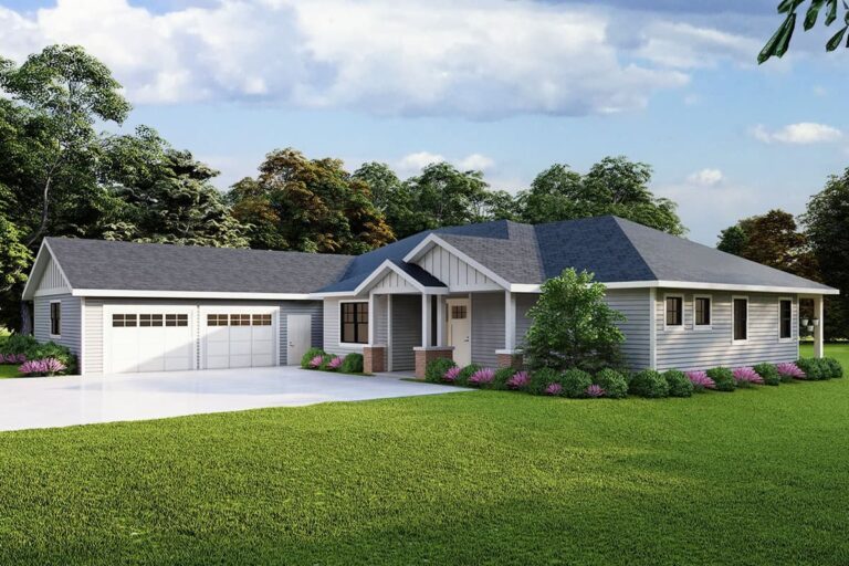 4 Bedroom 1 Story Modern Country Barndominium with Split Beds and Workshop Garage (Floor Plan)