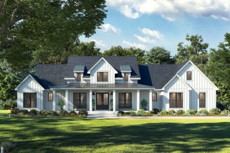 3-Bedroom 1-Story Modern Farmhouse with Expansive Rear Porch and Side-Entry Garage (Floor Plan)