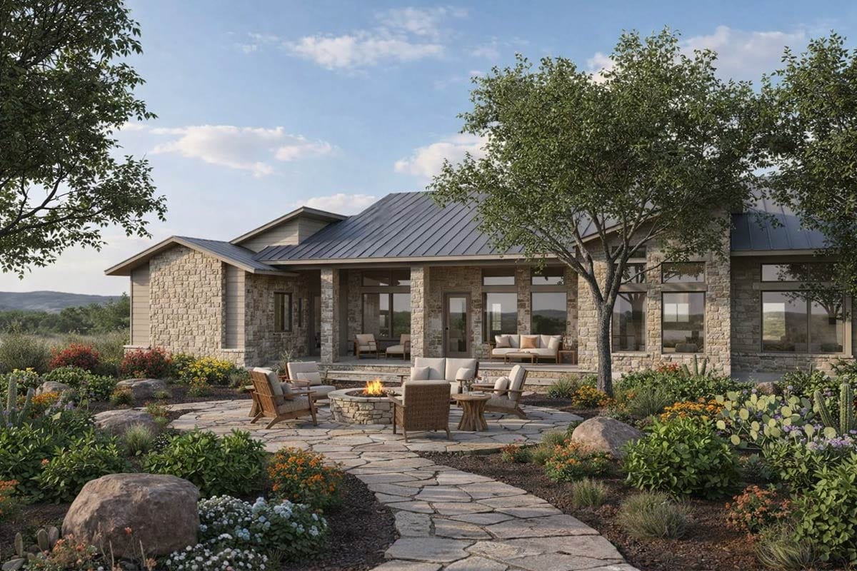 Plan 54067LK: Modern Rustic Hill Country Stone House Plan with Two Master Suites and 3-Car Garage - Image #3 - European, Hill Country, Ranch, Rustic
