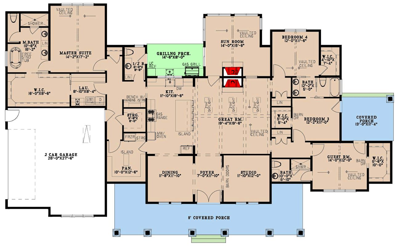 Plan 70974MK: Four Bedroom Farmhouse House Plan with Master Suite and Study - Floor Plan - Main Level - Farmhouse, Modern Farmhouse, New American