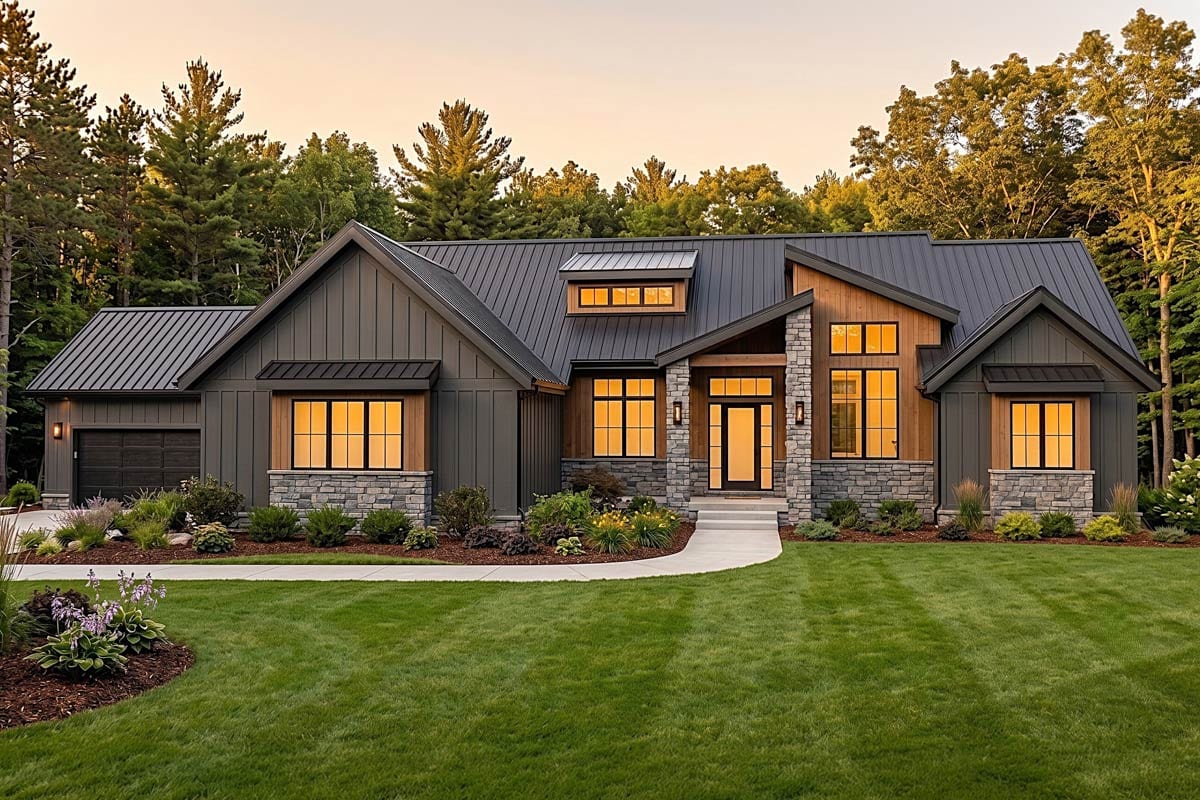 Modern Farmhouse house plan exterior with metal roof, stone and wood accents, prominent gables, and attached garage.
