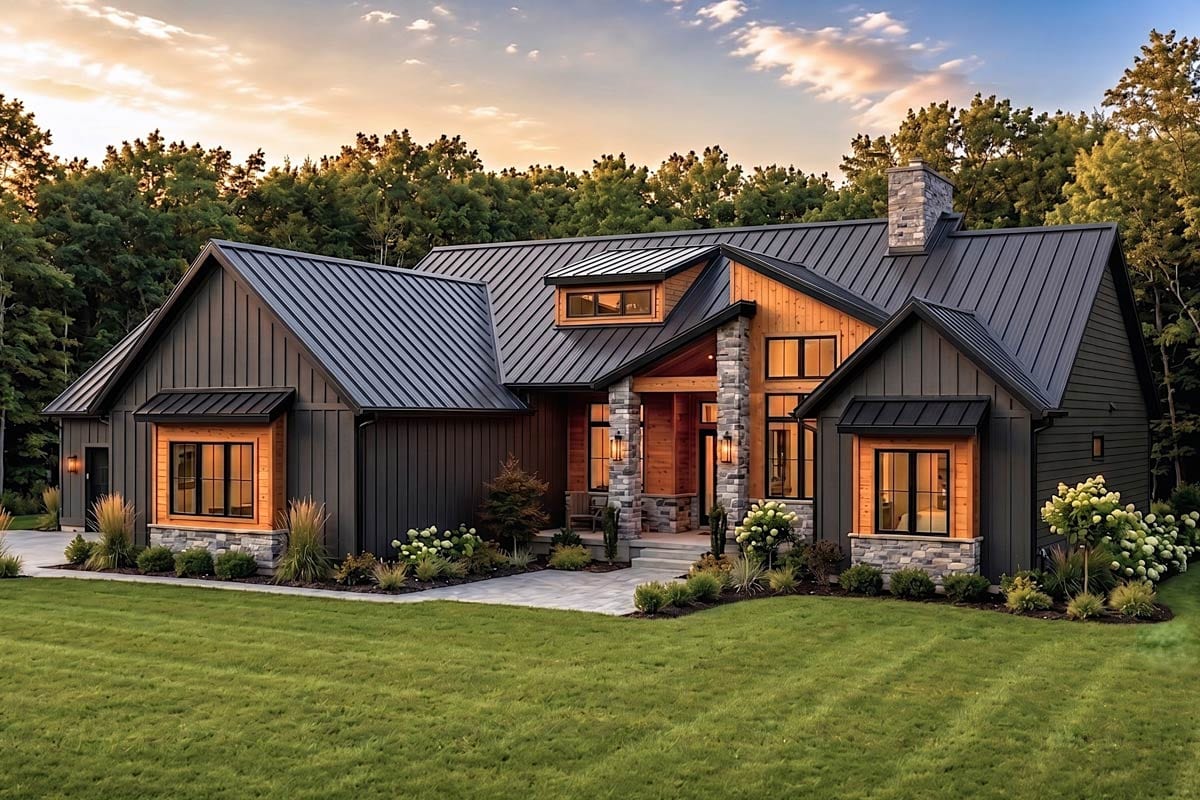 Modern house plan exterior with dark vertical siding, metal roof, stone accents, prominent gables, and dormer.