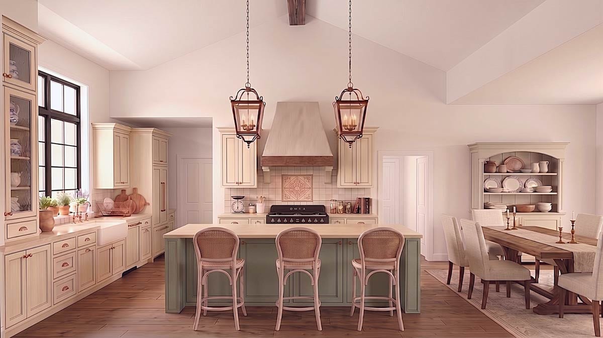 Kitchen and dining area with vaulted ceiling, large island with bar stools, and a buffet.