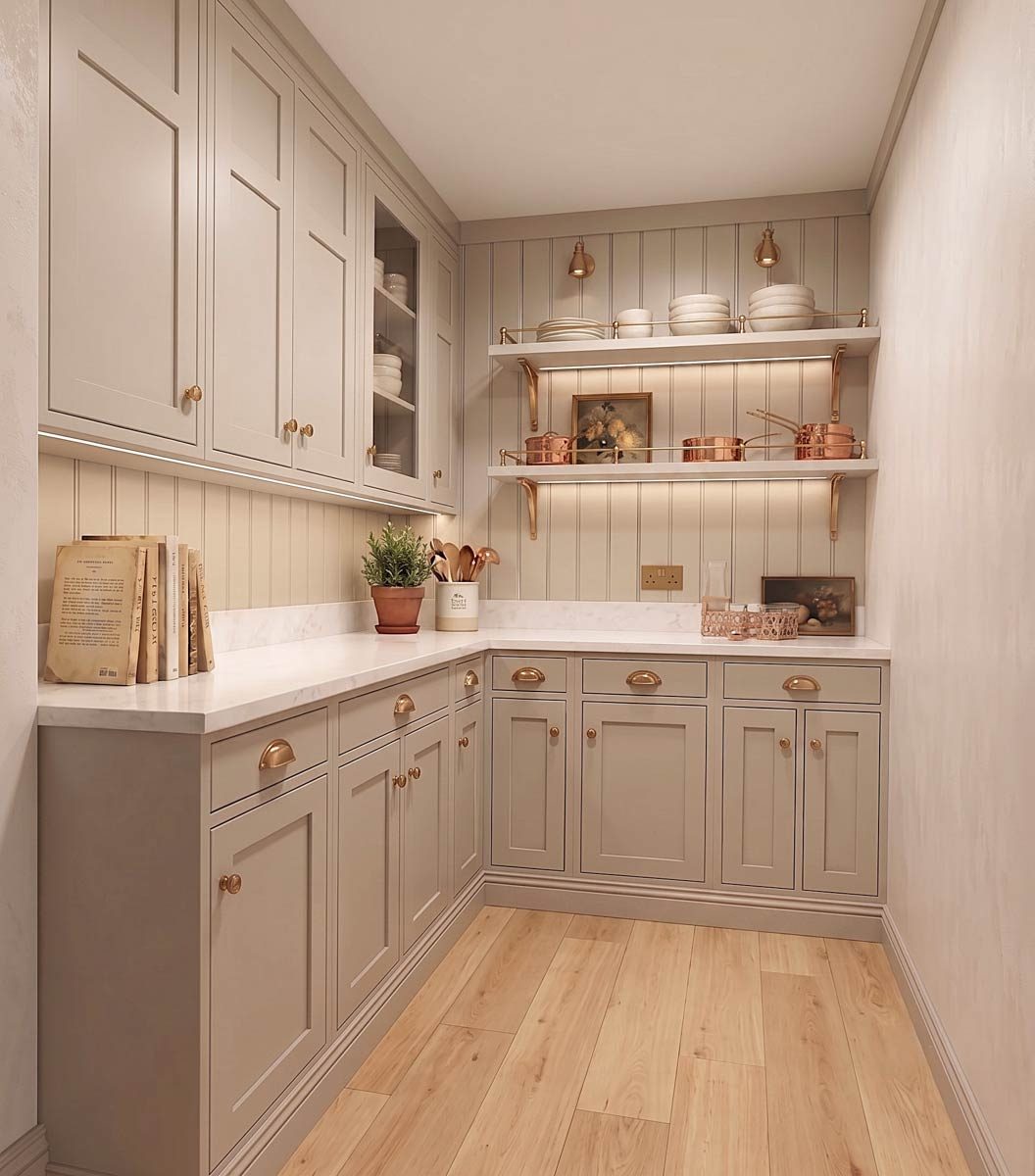 Pantry with shaker cabinets, marble countertops, open shelving with copper accents, and beadboard backsplash.