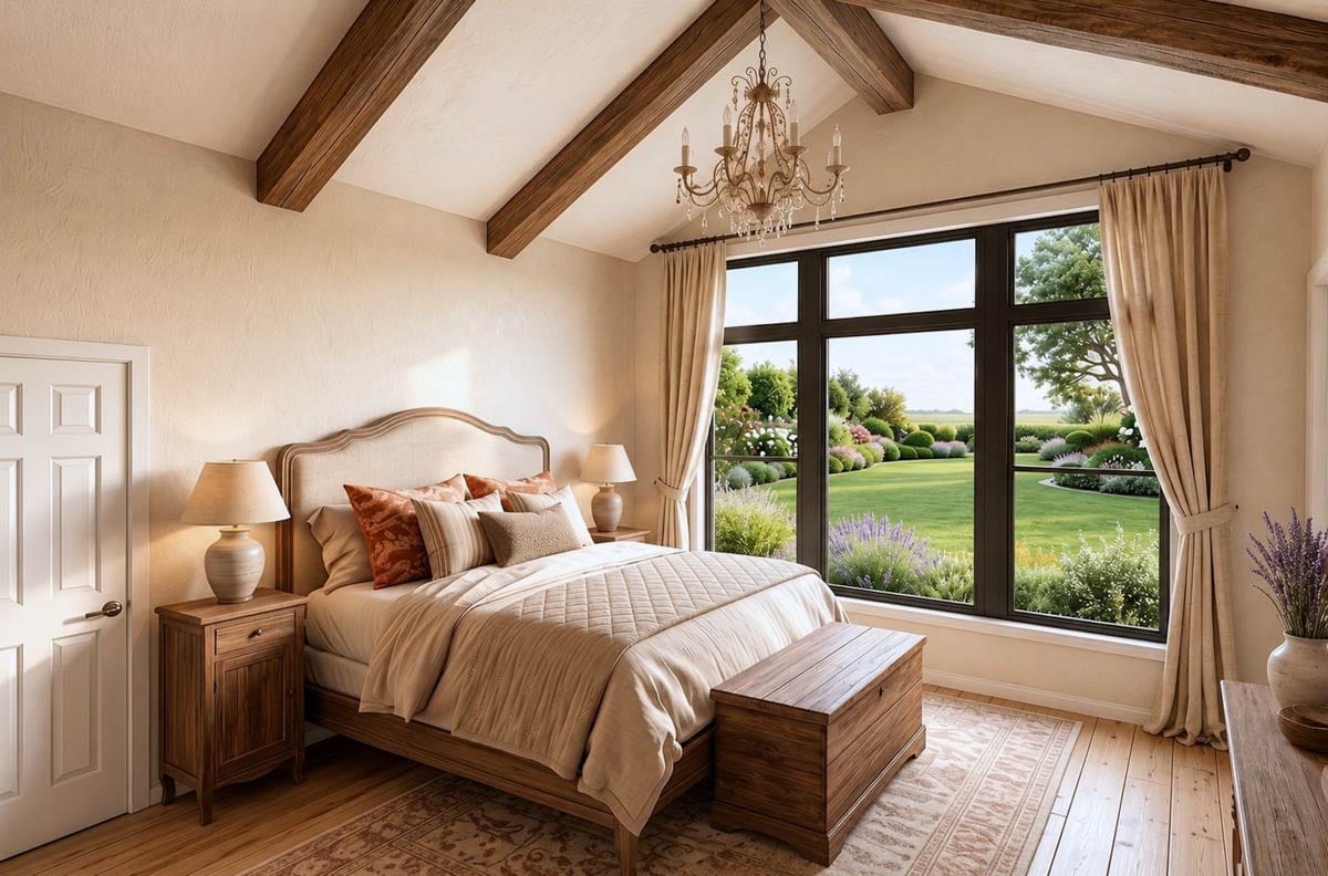 Interior view of bedroom with vaulted ceiling, exposed beams, large window, and chandelier.