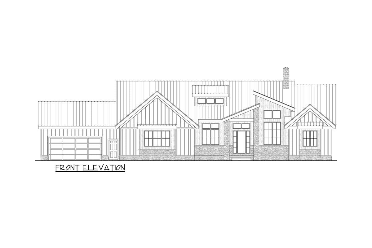 Front elevation drawing of a single-story house plan with a gable roof, pitched rooflines, stone accents, and an attached garage.