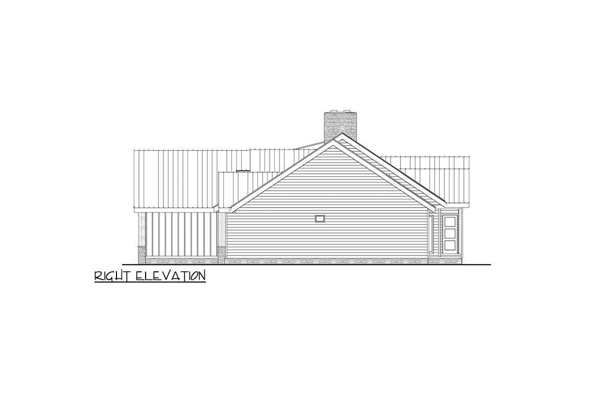 Right elevation house plan drawing showing a gable roof, hip roof, stone chimney, lap siding, and a three-panel door.