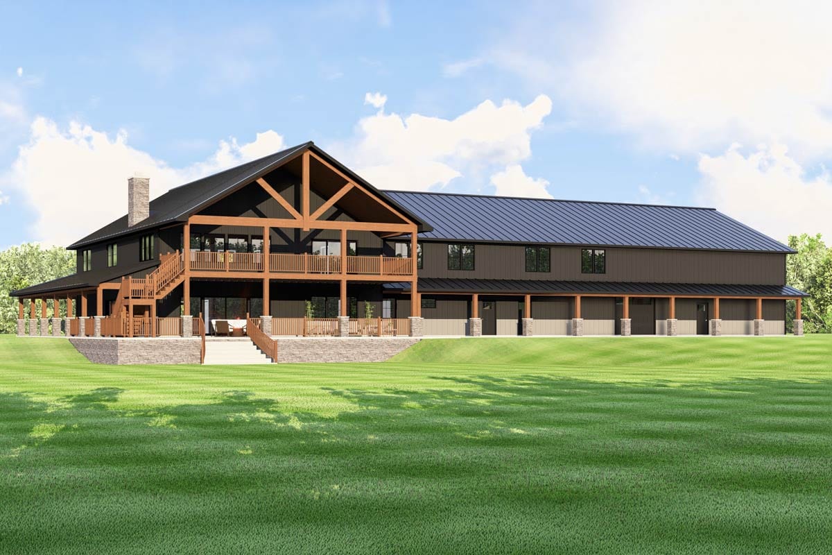House plan exterior of a large, two-story lodge-style home with a wrap-around porch, exposed wooden beams, and metal roof.