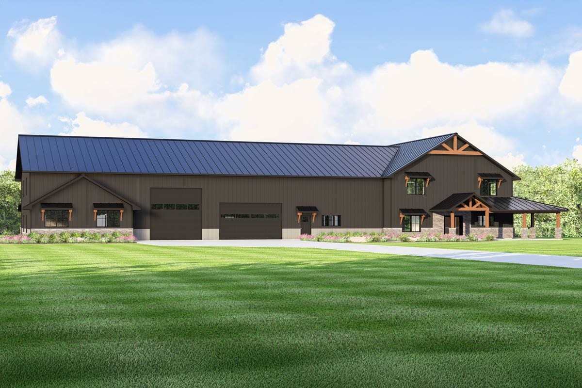 House plan exterior: Two-story modern barn style with metal roof, multiple garage doors, and covered porch with stone supports.