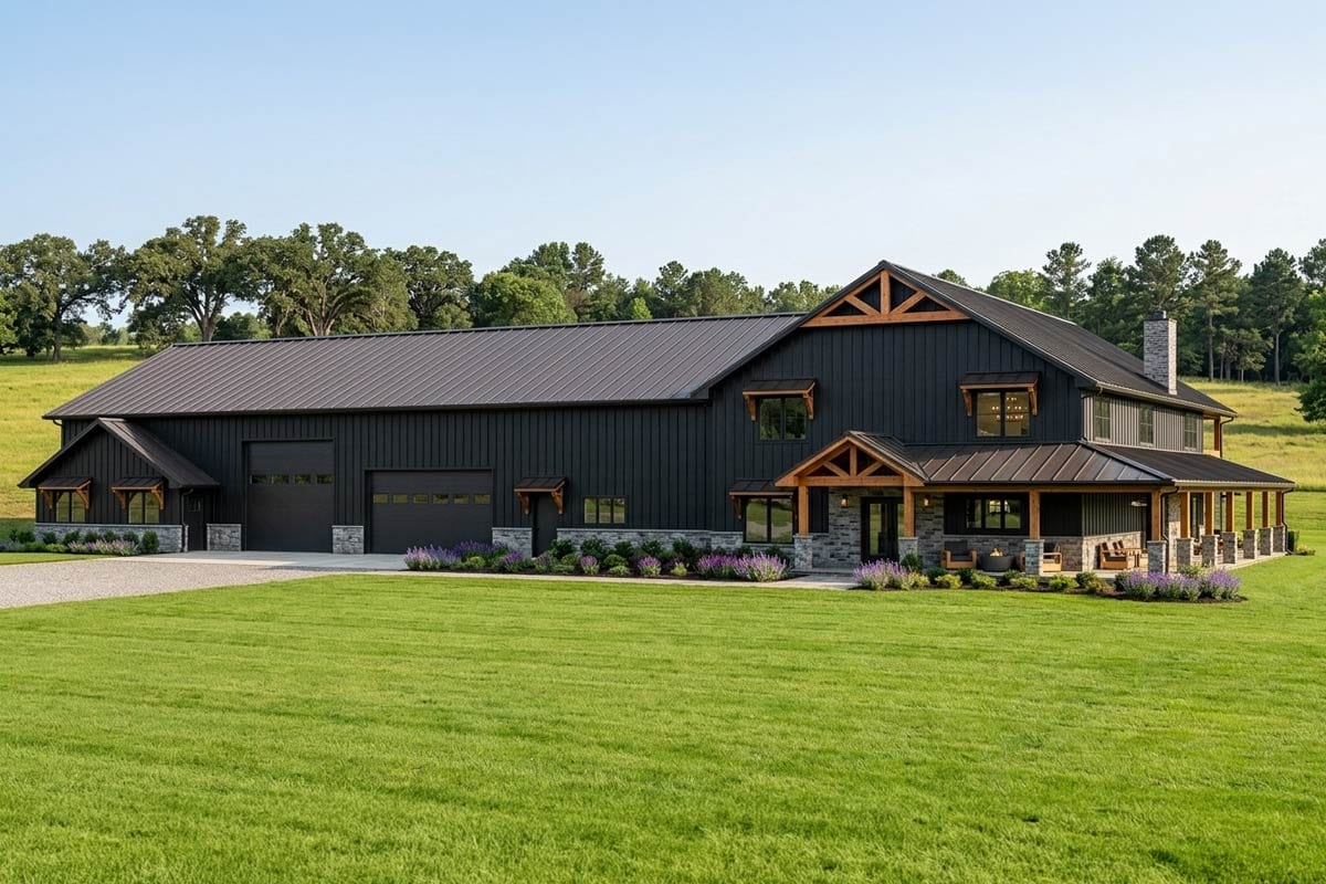 House plan exterior with two stories, a farmhouse style, a covered porch, and a garage with overhead doors.