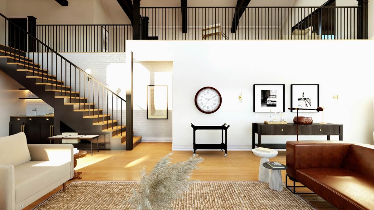 Interior rendering of an open-concept living space with a loft balcony, wooden stairs, and modern furnishings.