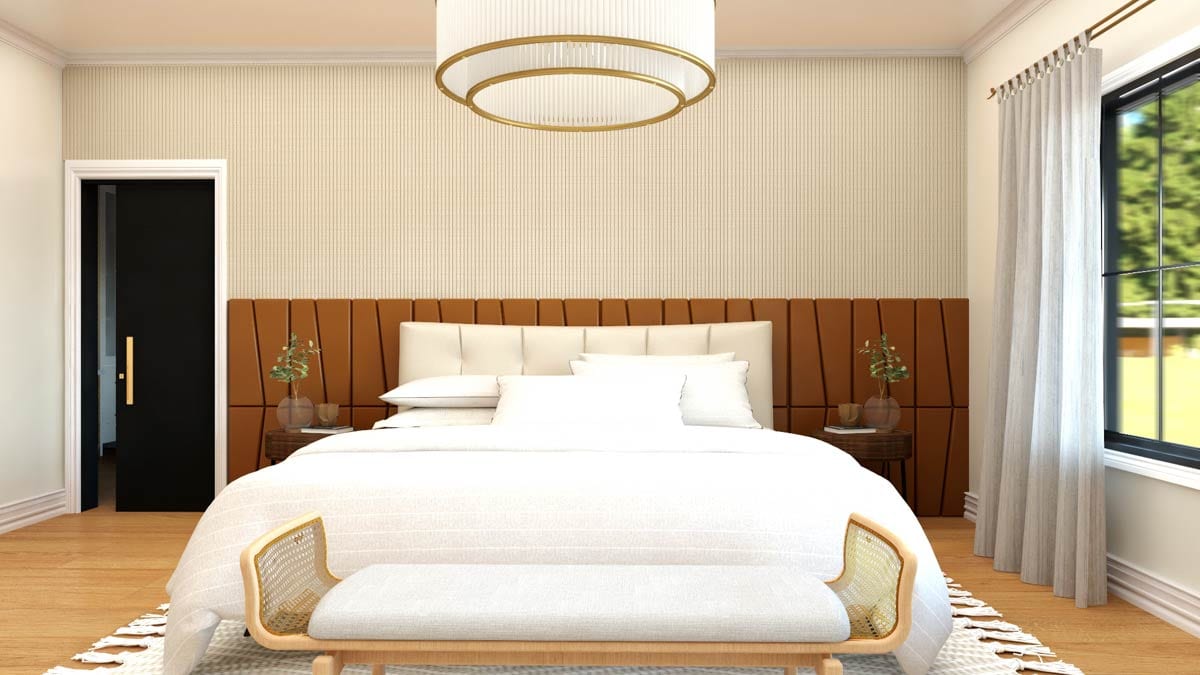 Bedroom rendering with a large bed, upholstered headboard, black door, and large window overlooking greenery.