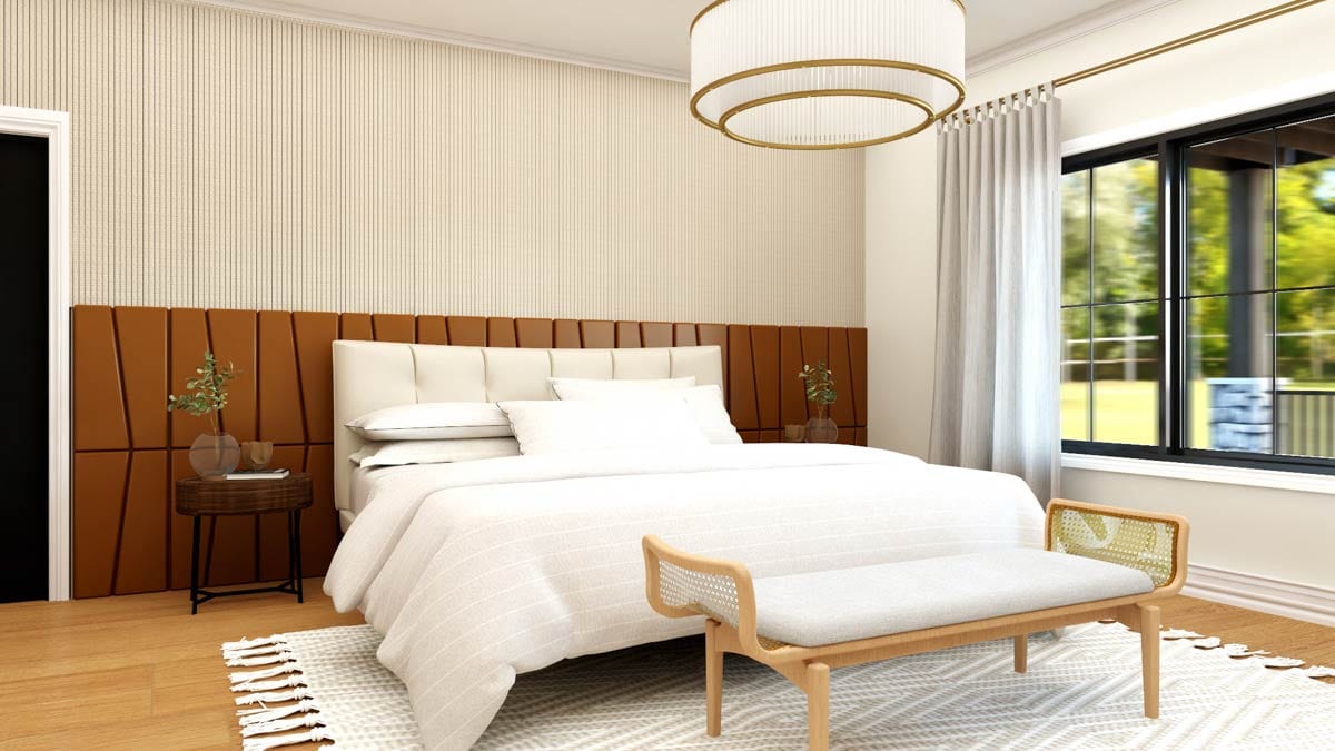 Bedroom rendering with paneled headboard, large window overlooking greenery, and modern bench.