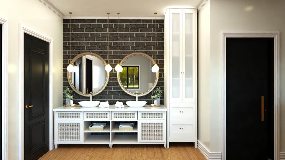 Modern bathroom rendering with double vanity, black brick accent wall, and two circular mirrors.