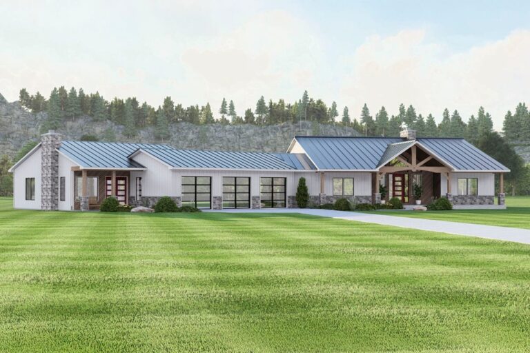 Modern Farmhouse house plan exterior with a long, low profile, metal roof, stone accents, gabled roofline, and three glass garage doors.