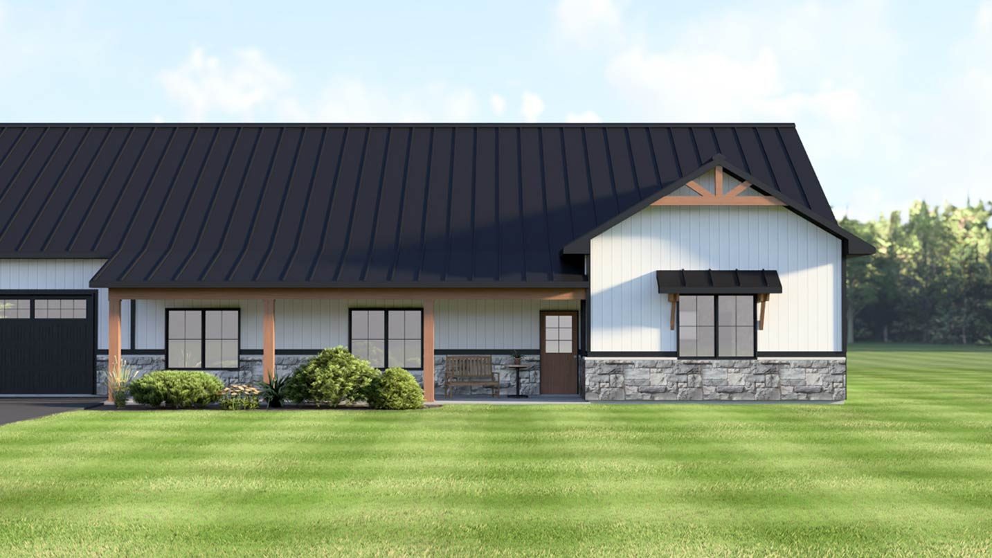 Modern Farmhouse house plan exterior with a metal roof, covered porch, stone base, and exposed rafter tails.
