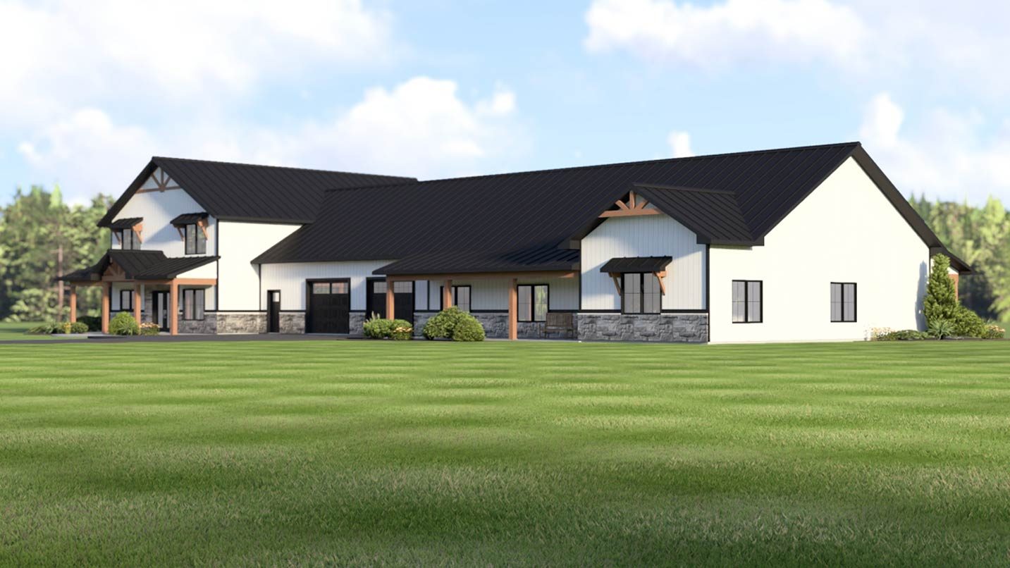 Modern Farmhouse house plan exterior with black metal roof, stone accents, gables, and covered entryways.