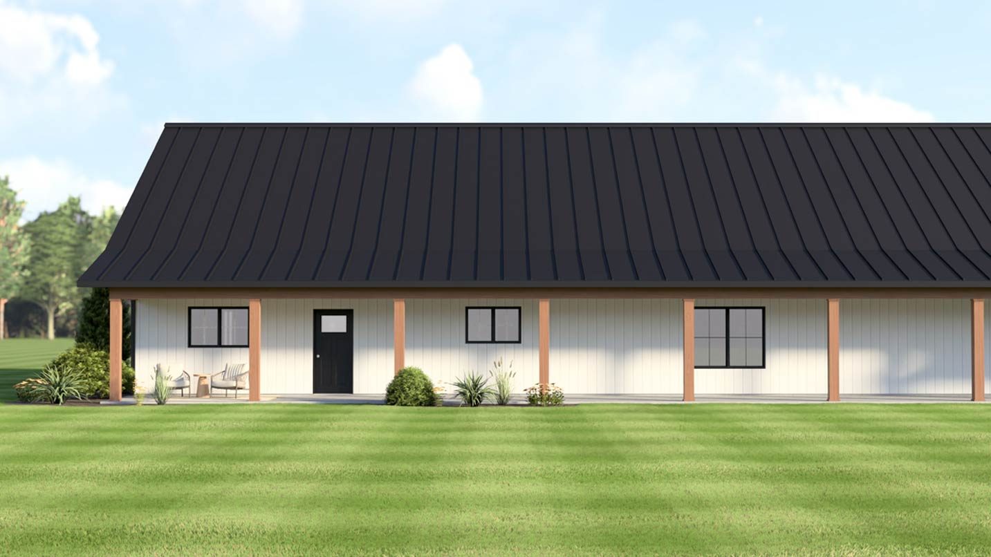 Ranch house plan exterior, one story, with a covered porch, dark metal roof, and several windows.