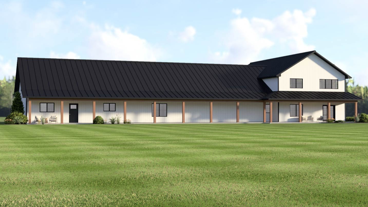 Modern Farmhouse house plan exterior with a wraparound porch, gables, and a two-story section.