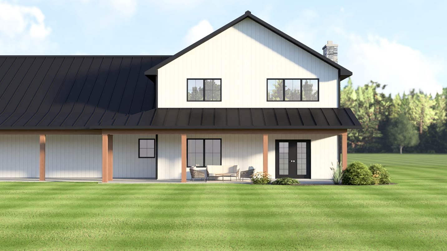 Modern Farmhouse house plan exterior with a prominent gable, black metal roof, and wrap-around porch with timber posts.