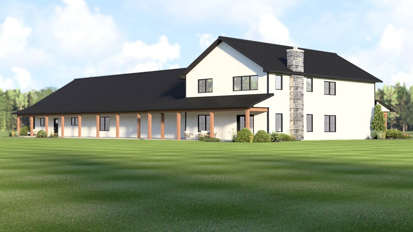 House plan exterior: two-story Modern Farmhouse with a wrap-around porch, gables, and stone chimney.