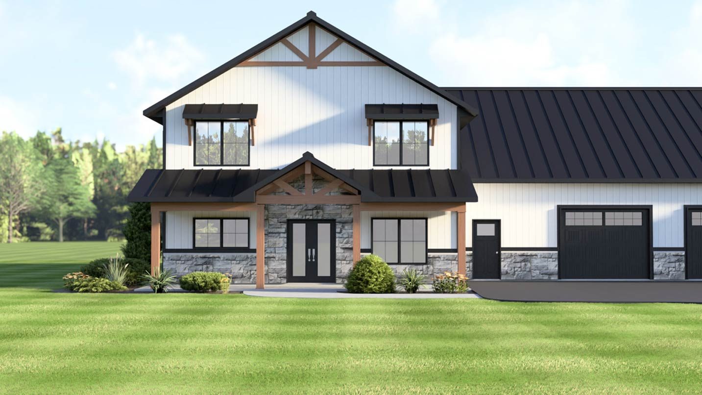House plan exterior: Modern Farmhouse style, two stories, gabled roof, covered entry with stone and wood accents, attached garage.