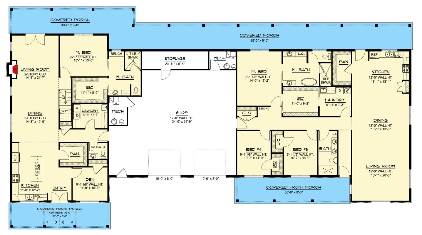 Plan 135418GRA: Modern Barndominium House Plan with Apartment, 6 Bedrooms, and Workshop - Floor Plan - Main Level - Barndominium, Country, New American