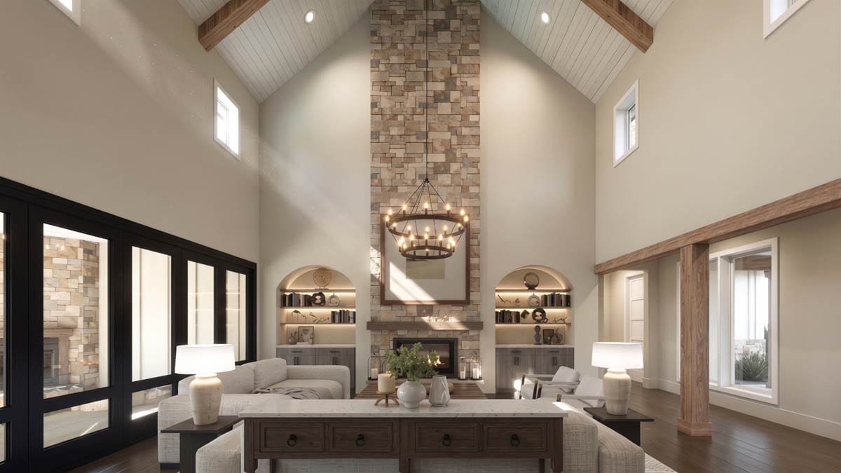 Modern Farmhouse house plan exterior with white vertical siding, stone accents, metal roof, gables, and a side-entry garage.