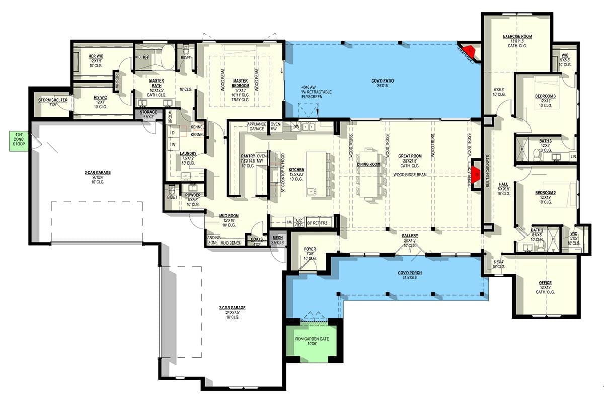Plan 405073FDC: 3-Bedroom Hill Country Modern Farmhouse House Plan with 4-Car Garage - Floor Plan - Main Level - Hill Country, Modern Farmhouse, Traditional, Transitional