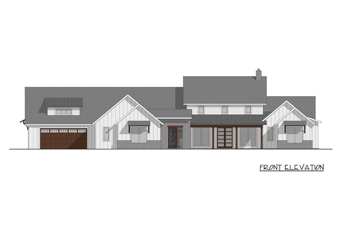 Front elevation drawing of a two-story house with a gabled roof, board and batten siding, stone accents, attached garage, and covered entry.
