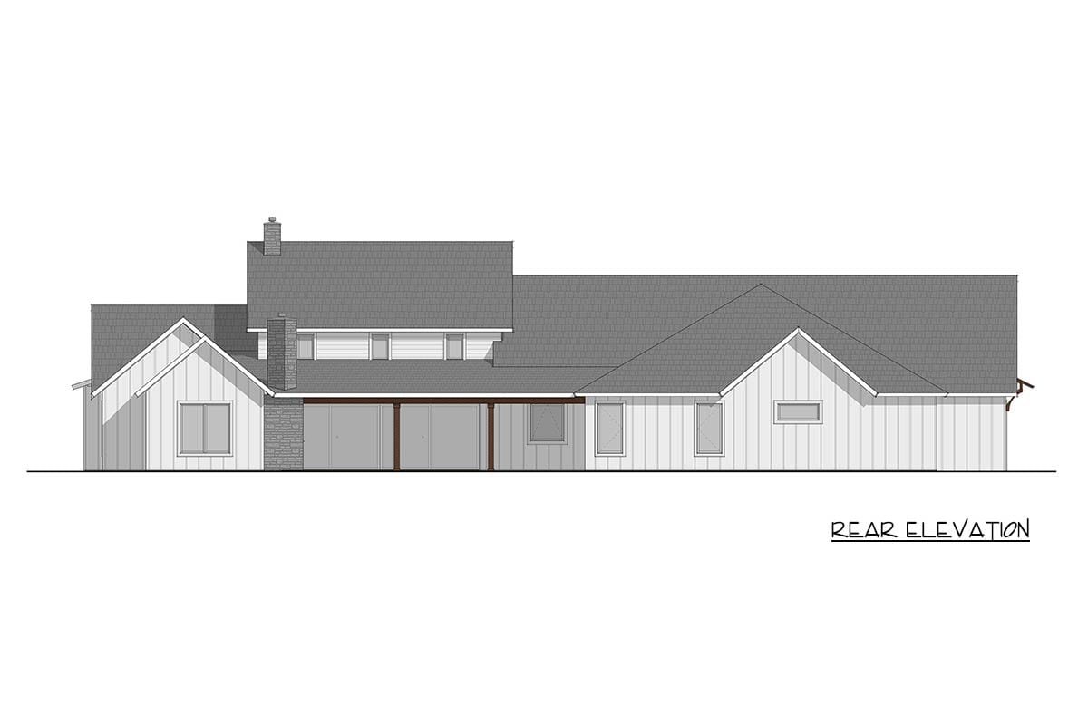 Rear elevation of a modern farmhouse style house plan with a covered patio, stone chimney, and gabled dormers.