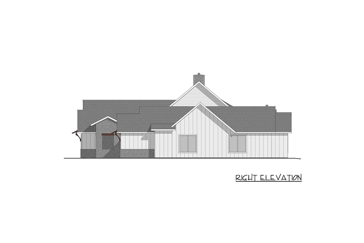 Right elevation house plan showing a Modern Farmhouse style with gabled rooflines, board and batten siding, stone accents, and a chimney.