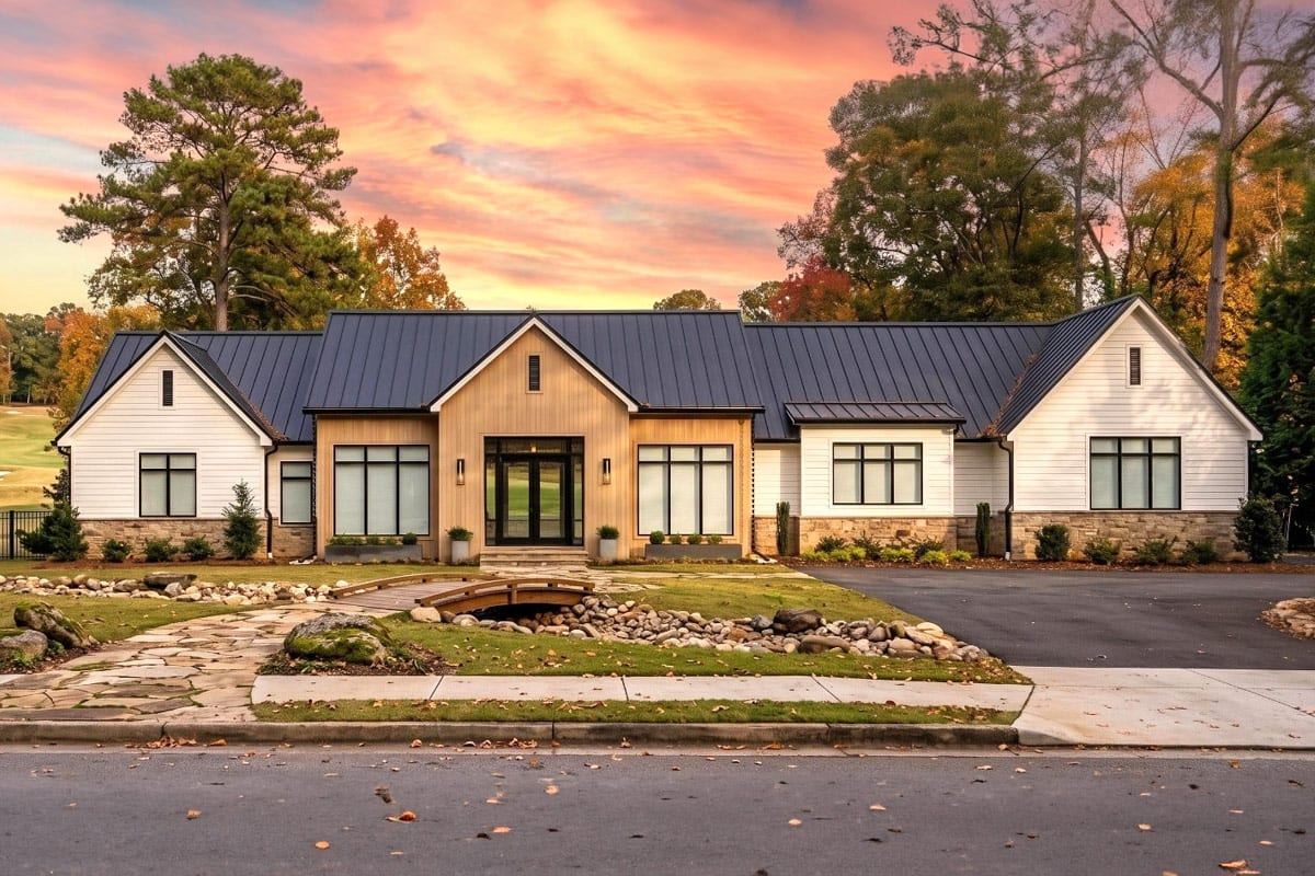 Plan 420200WNT: Contemporary Transitional Ranch House Plan with 4 Bedrooms and 3-Car Garage - Image #1 - Contemporary, Ranch, Transitional