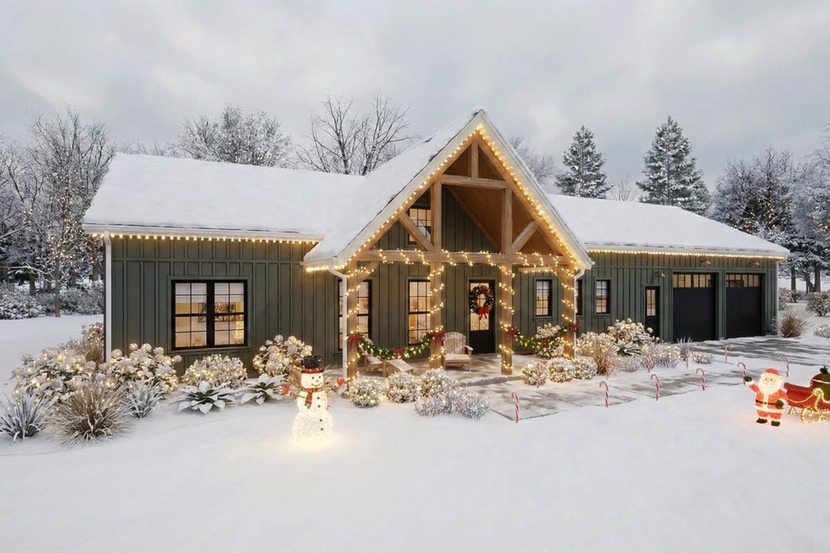 Modern Farmhouse house plan exterior with exposed beams on porch, board and batten siding, and a two-car garage.