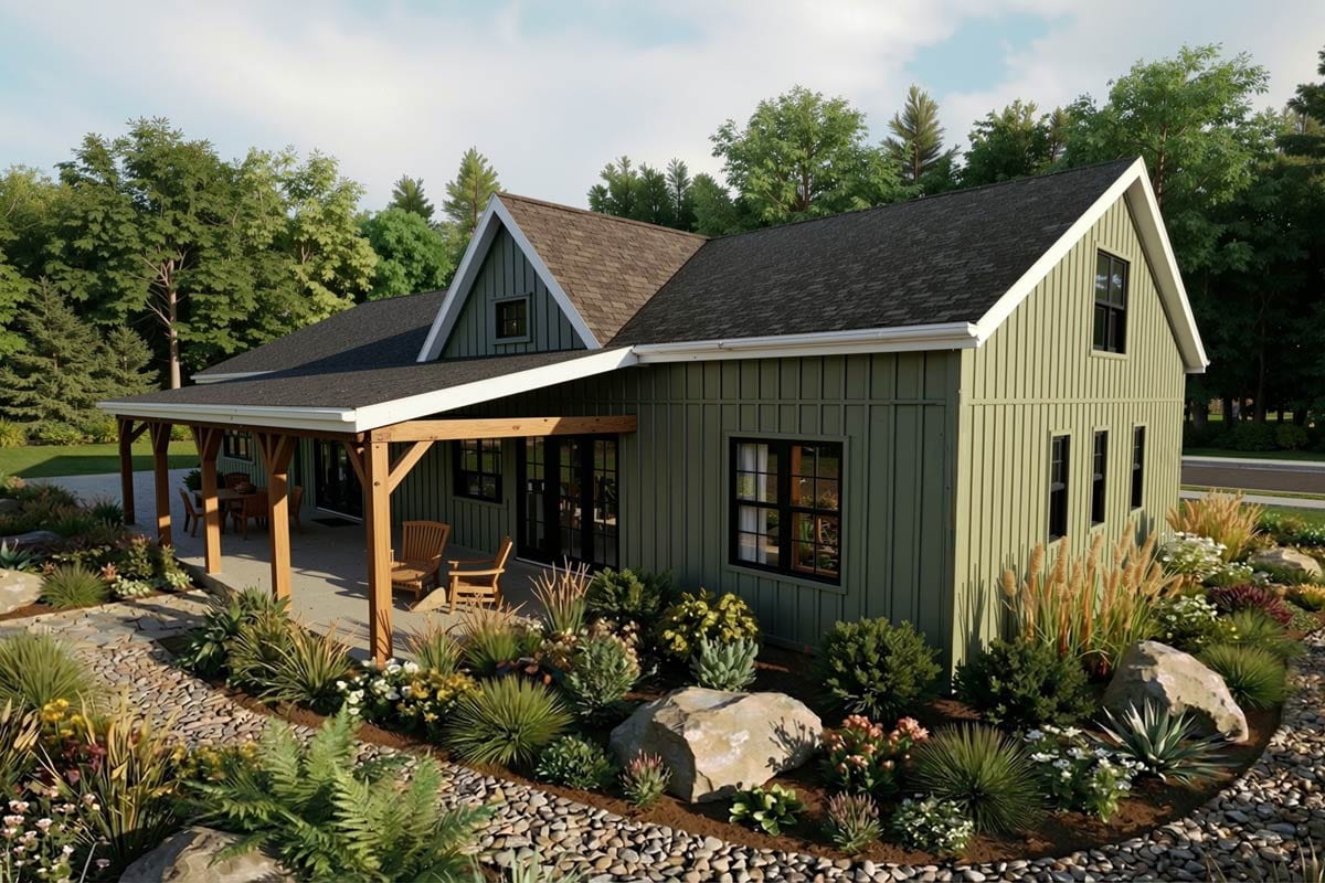 House plan exterior featuring a covered porch, gables, and vertical siding. Modern farmhouse style.