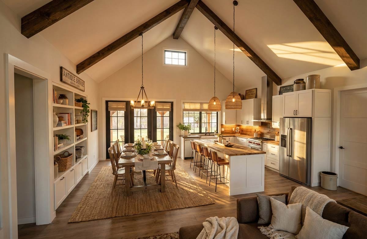 Open-concept living area with vaulted ceiling, exposed beams, dining table, kitchen island with seating, and built-in shelving.