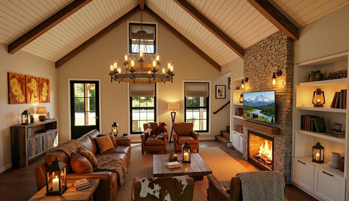 Great room interior rendering with vaulted beamed ceiling, stone fireplace with TV, wood accents, and plush seating.