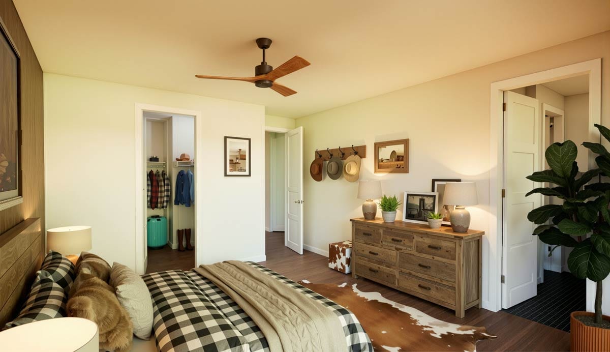 Primary bedroom with walk-in closet, rustic wood dresser, ceiling fan, and access to an en suite bath.