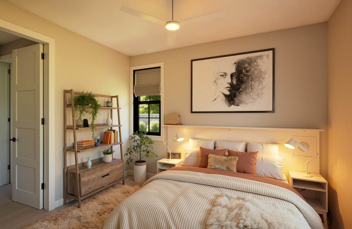 Bedroom with king bed, shelf unit, artwork, and door.