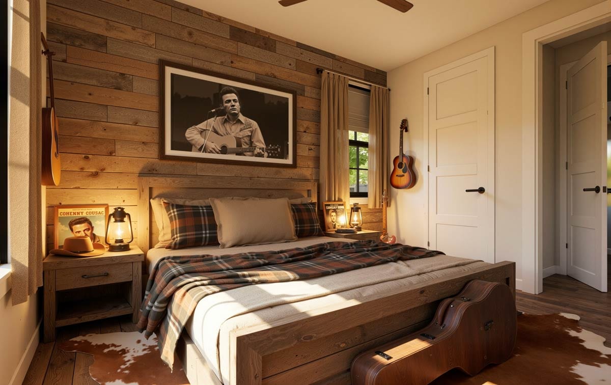 Bedroom with wood-paneled wall, king bed, guitars, and rustic decor.
