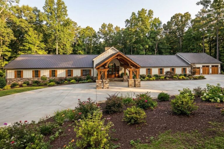 Modern Farmhouse style house plan exterior with a covered entryway featuring stone pillars and wood beams. Includes a metal roof and attached garage.