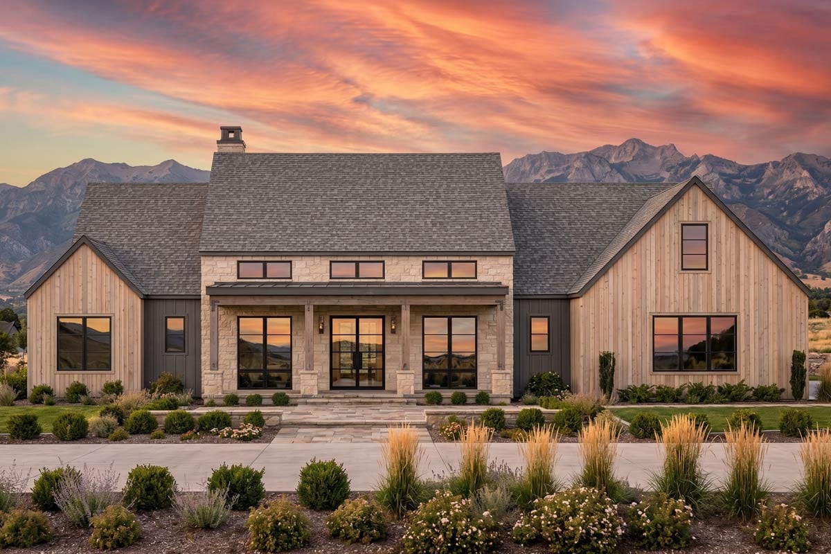 Plan 818222JSS: Modern Farmhouse House Plan with 4 Bedrooms and Attached Garage - Image #1 - Country, Hill Country, Modern Farmhouse, Mountain