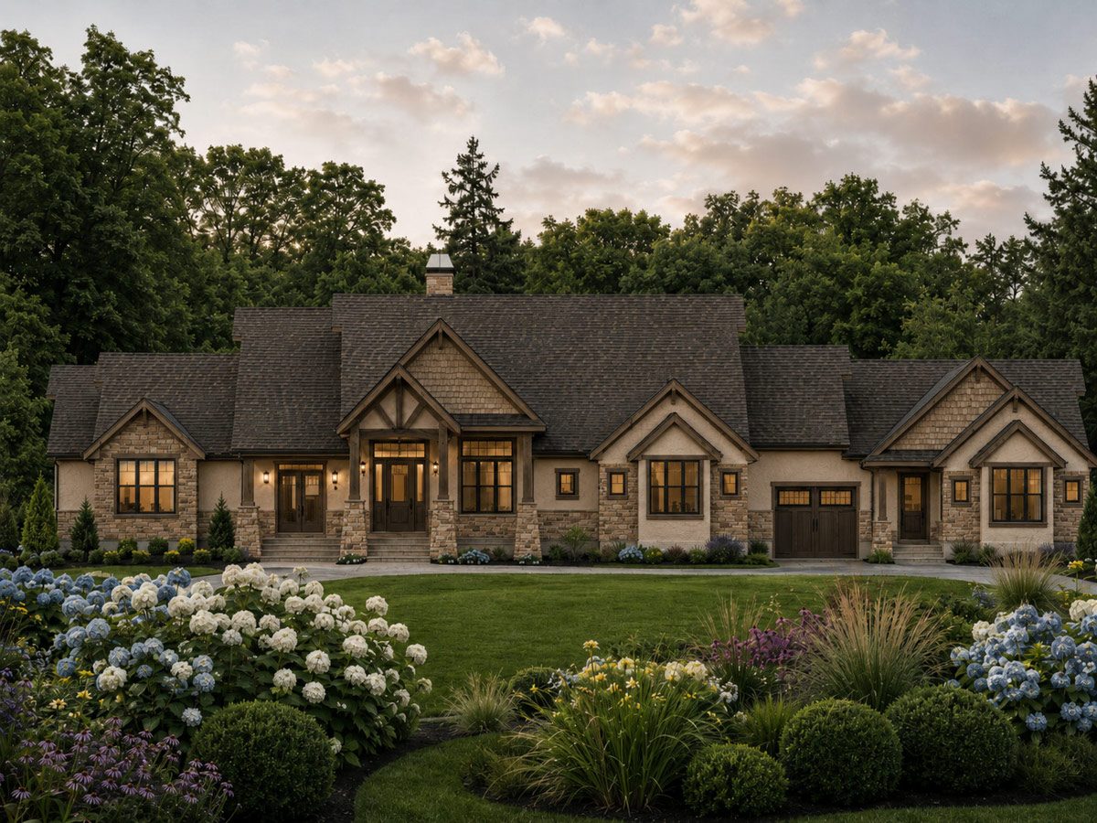 Craftsman style house plan exterior with a prominent gable, stone accents, and a three-car garage.