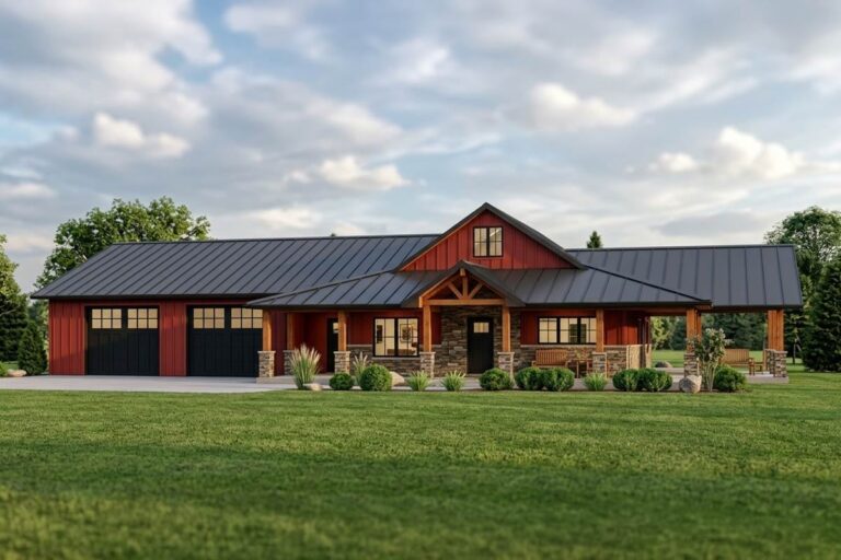 House plan exterior. Ranch style with a gabled roof and covered porch. Features include stone accents, and a garage with a metal roof.