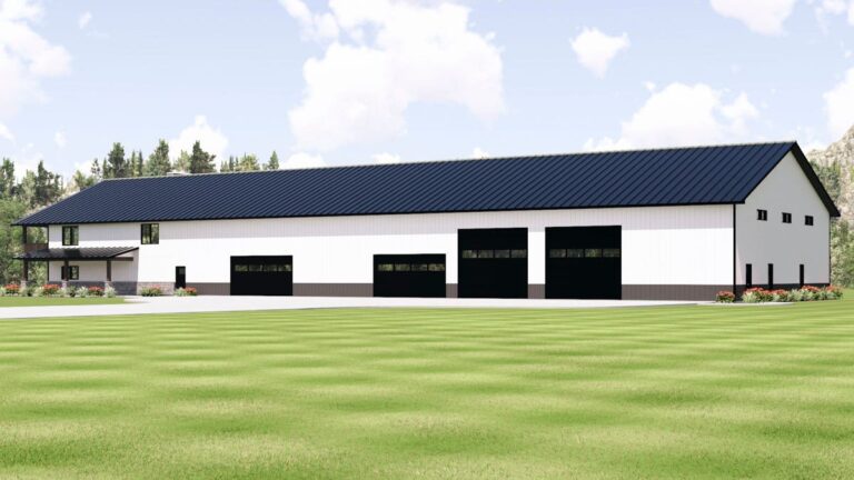 House plan exterior with a dark metal roof, white siding, multiple garage doors, and covered entry.
